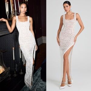 NADINE MERABI White Sequin Maxi Dress with High Thigh Slit